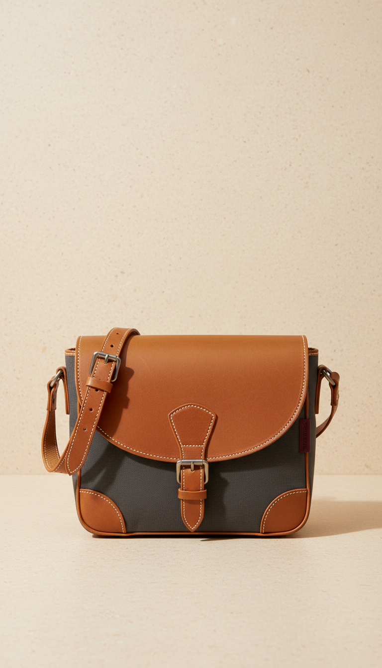 Leather-accented crossbody bag with bold graphic strap