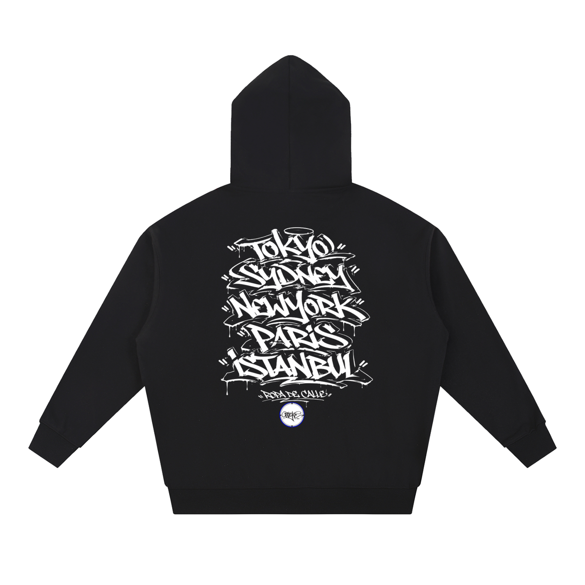 A black pullover hoodie shown from the back, featuring a large white graphic print with stylized city names including Tokyo, London, New York, Paris, and Istanbul, along with a small circular logo near the bottom.