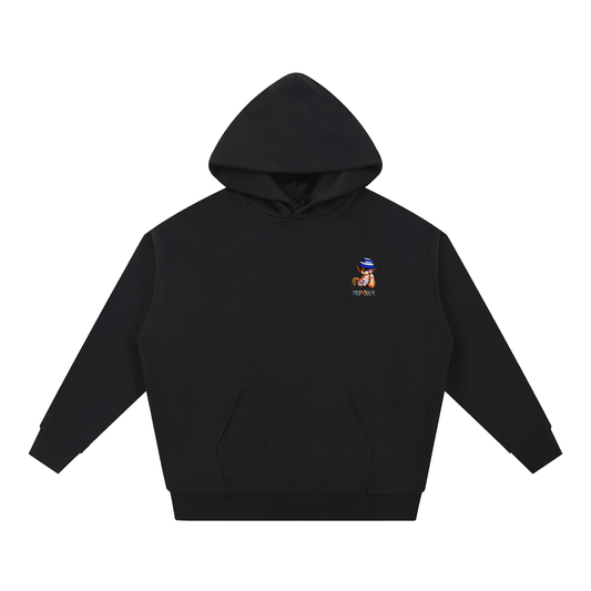 A black pullover hoodie with a small graphic on the left chest showing a cartoon monkey wearing a blue cap and holding a gold bar, with the text 'MONKEY BAR' below it, displayed on a solid white background.